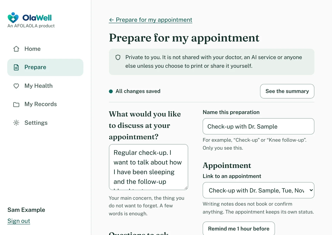 The Prepare for my appointment screen in OlaWell: a notes box, a list of questions to ask, and an “All changes saved” message. Sample data.