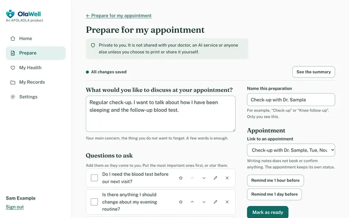 The Prepare for my appointment screen with notes and questions. Sample data.