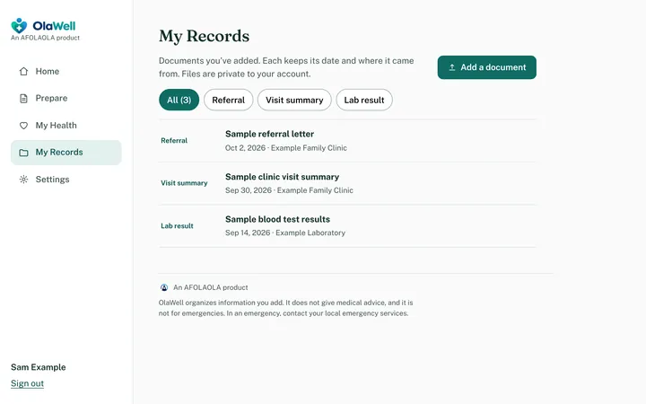 The My Records screen listing three sample documents with their dates and sources.