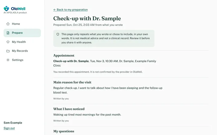 A printable appointment summary in OlaWell, showing the appointment, the main reason for the visit and the person’s own notes. Sample data.